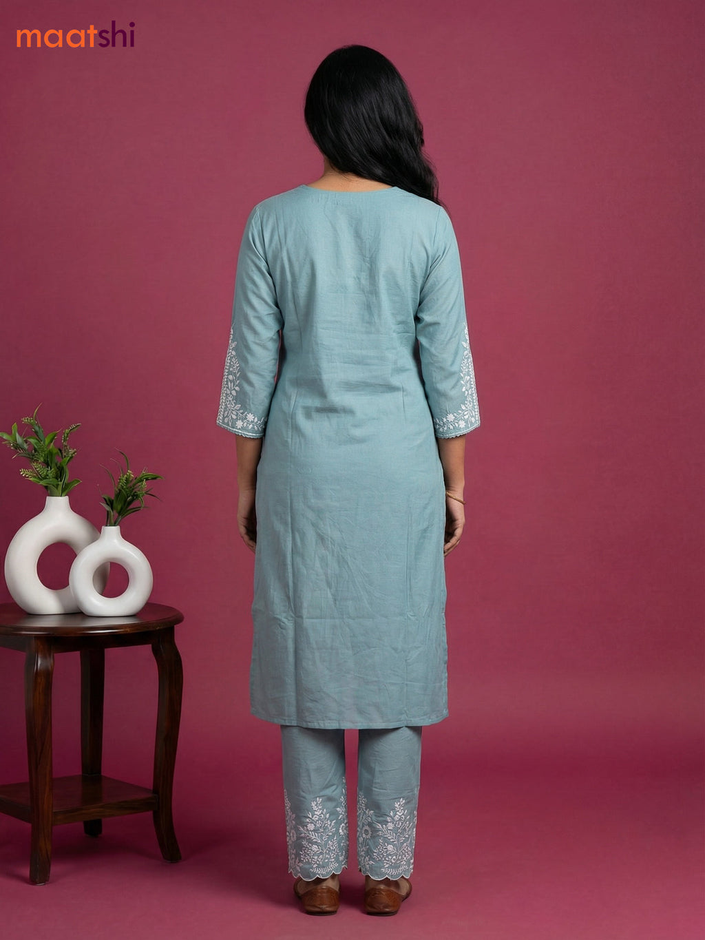 Pastel Green Viscose Rayon Embroidery Work Kurti Set
