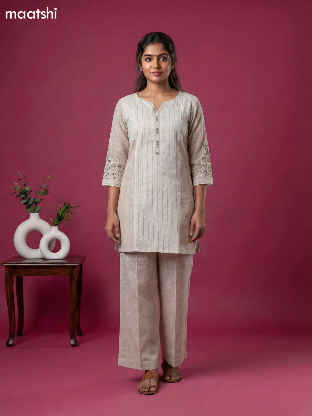 Off White and Beige Cotton Embroidery Work Kurti Set