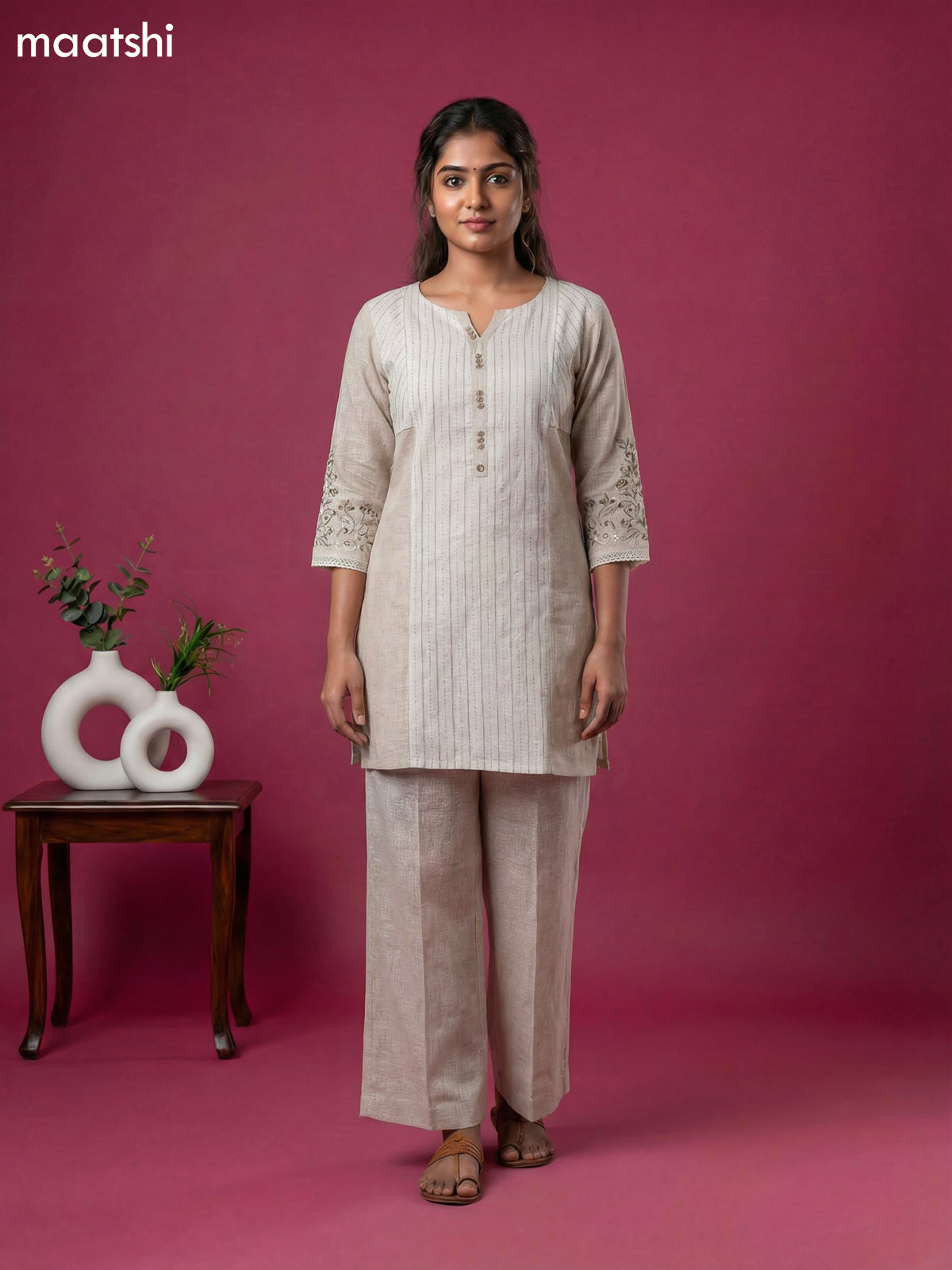 Off White and Beige Cotton Embroidery Work Kurti Set