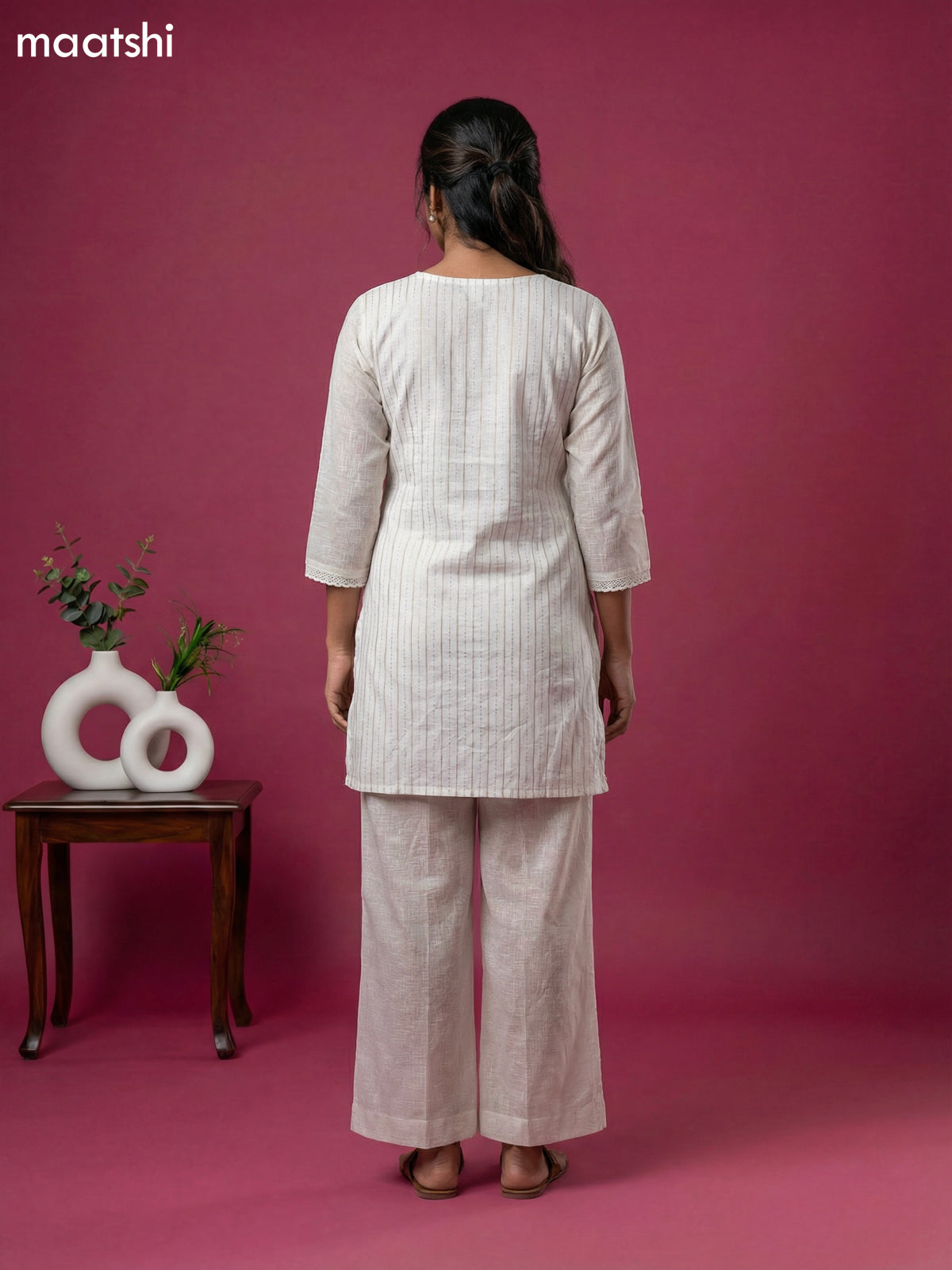 Off White and Beige Cotton Embroidery Work Kurti Set