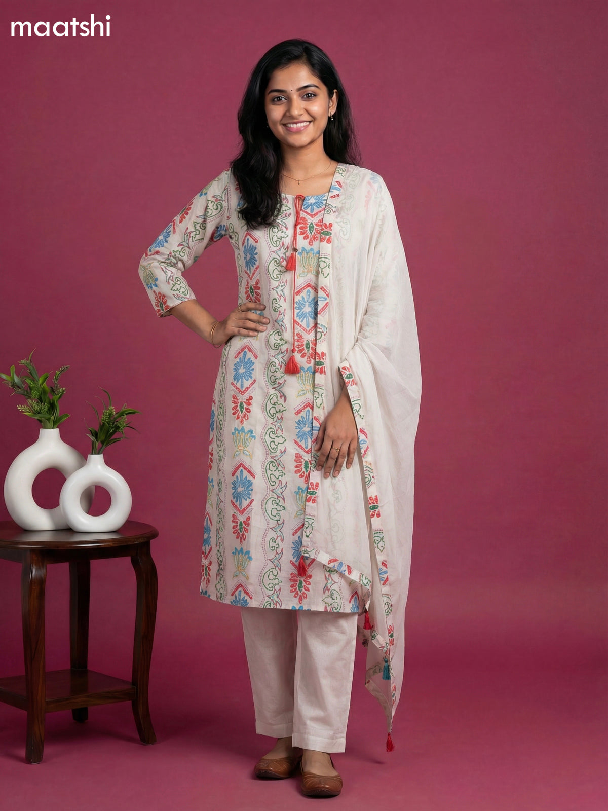 Off White and Multicolour Cotton Printed Straight Suit
