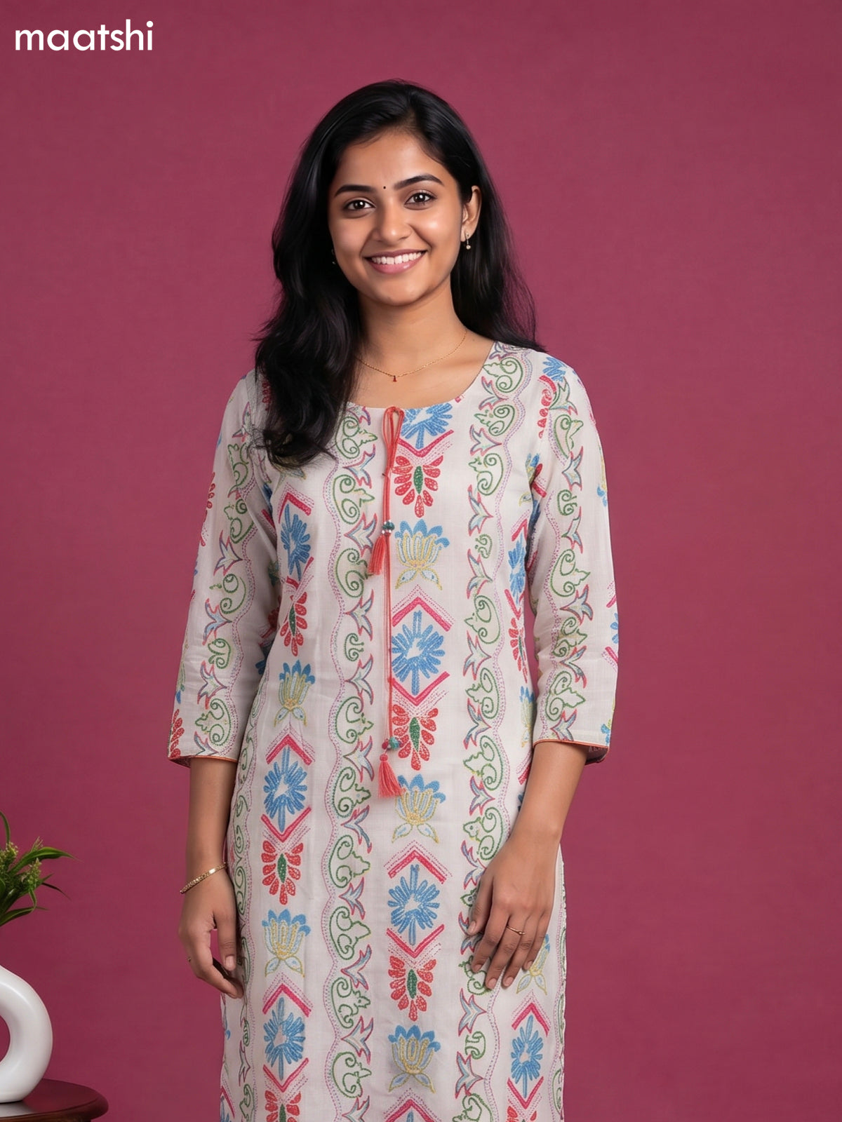Off White and Multicolour Cotton Printed Straight Suit