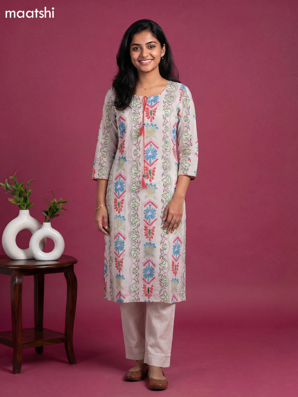 Off White and Multicolour Cotton Printed Straight Suit