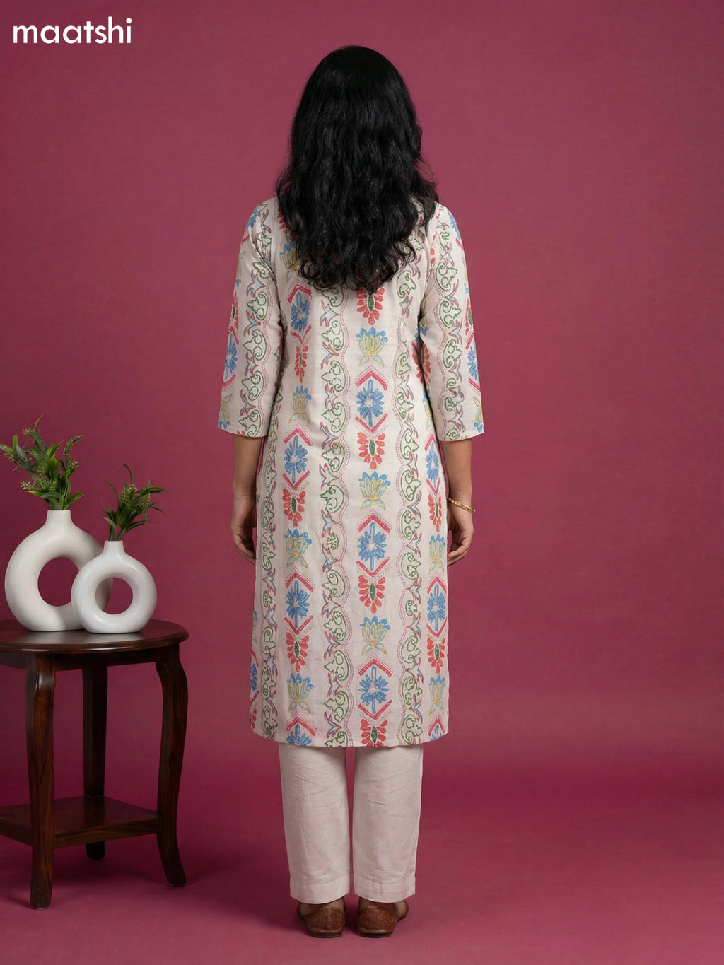 Off White and Multicolour Cotton Printed Straight Suit