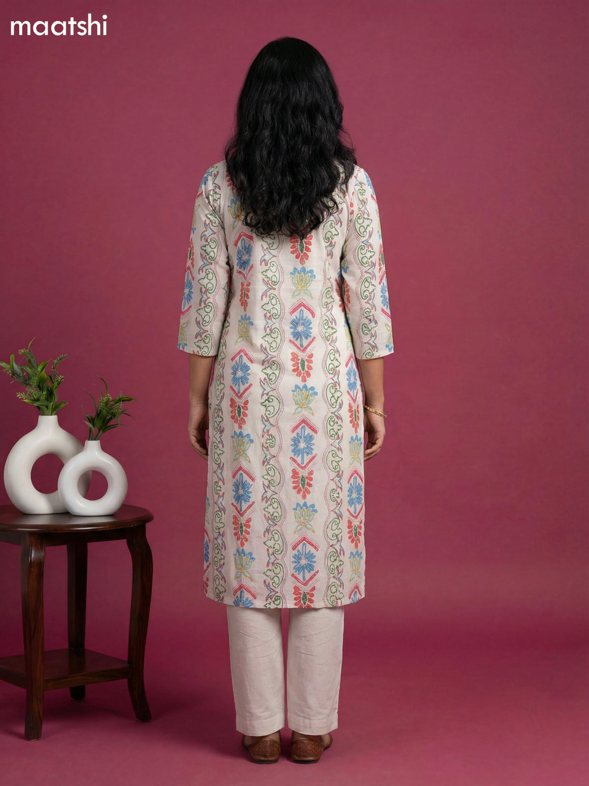 Off White and Multicolour Cotton Printed Straight Suit