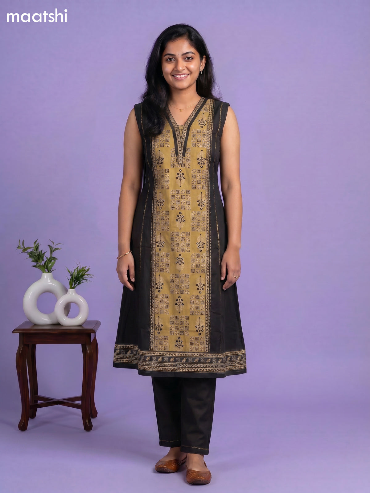 Black and Mustard Yellow Art Tussar Ajrakh Printed Kurti Set