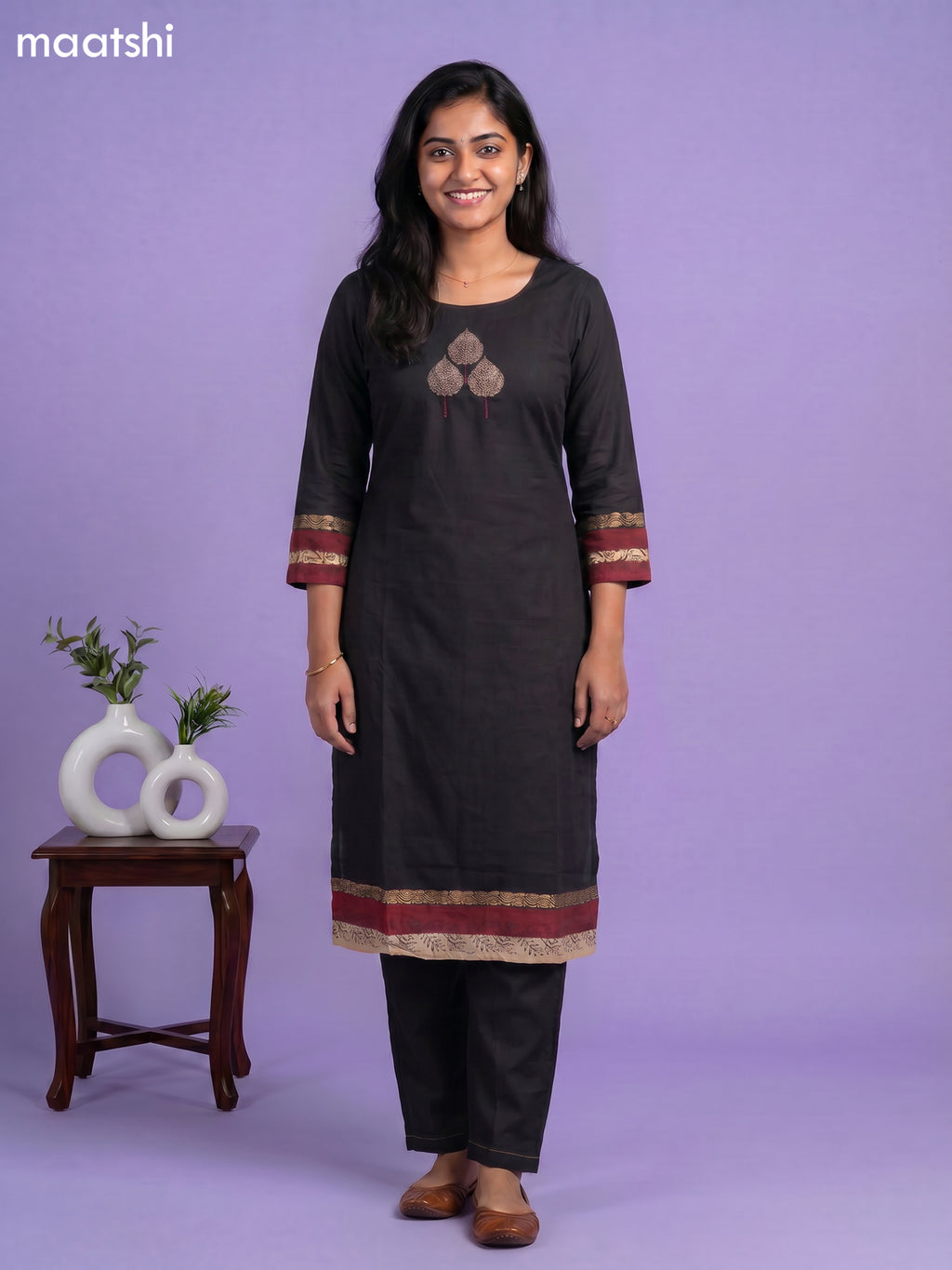 Black Art Tussar Embroidery Work Kurti Set