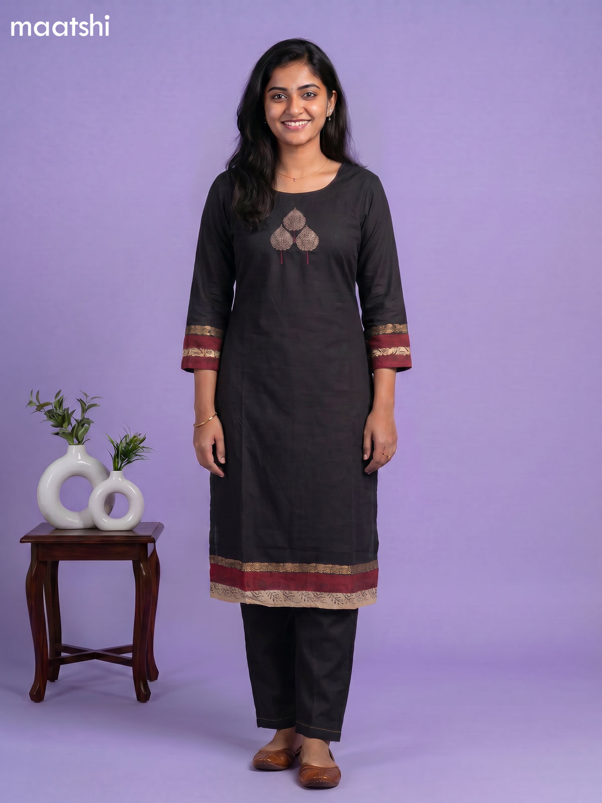 Black Art Tussar Embroidery Work Kurti Set