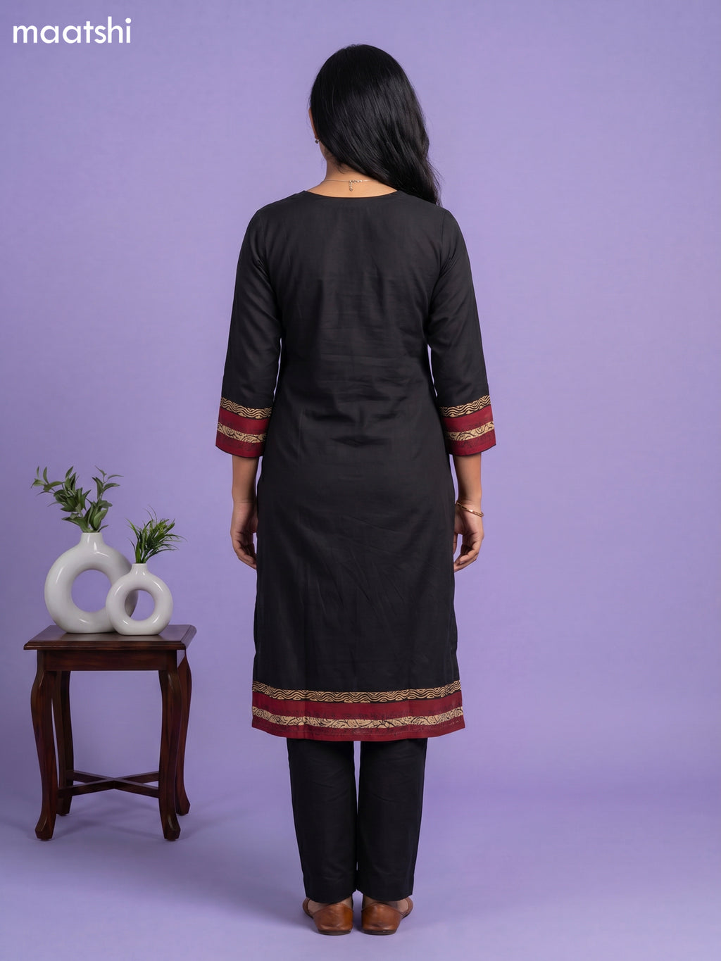 Black Art Tussar Embroidery Work Kurti Set