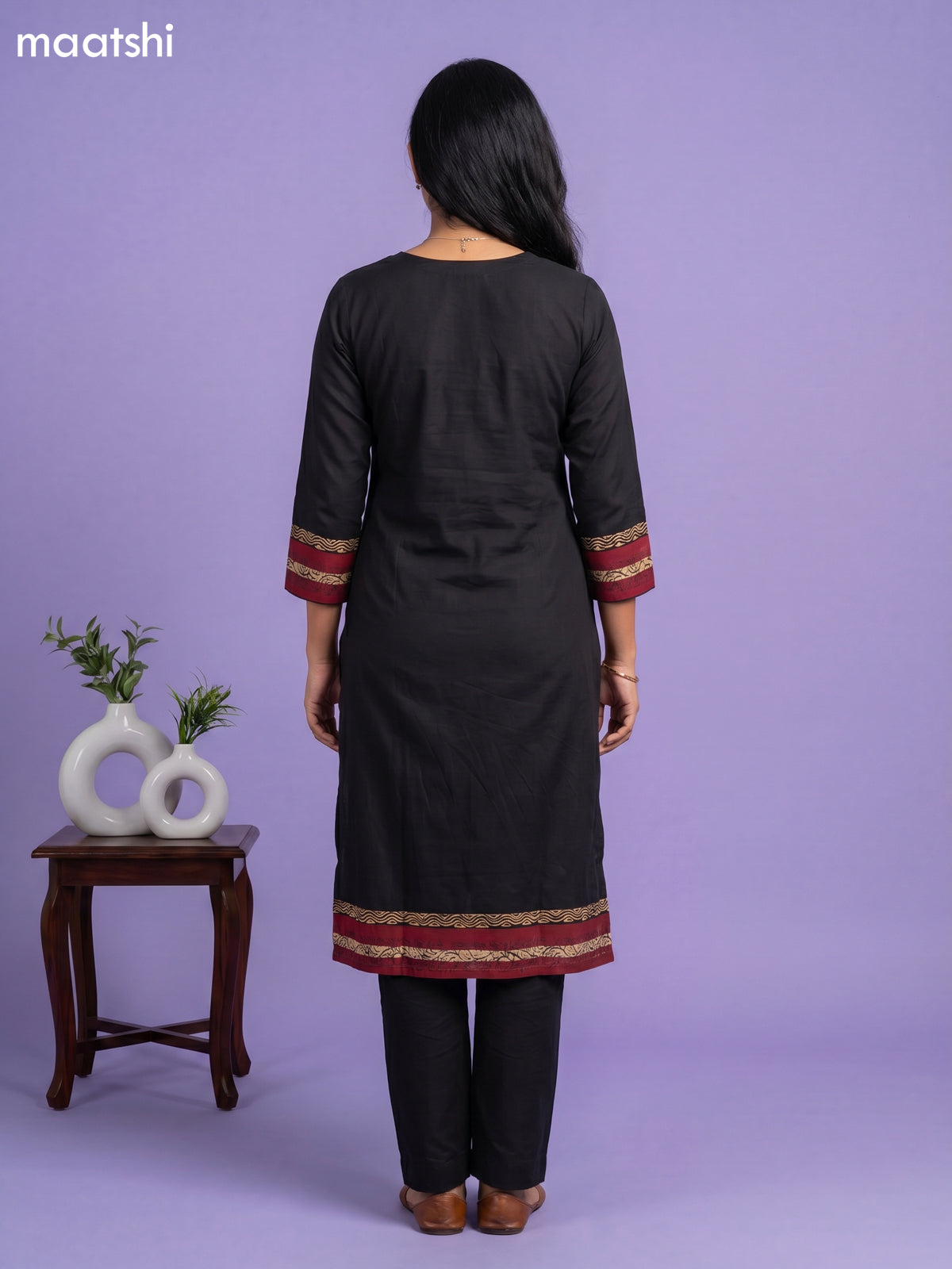 Black Art Tussar Embroidery Work Kurti Set