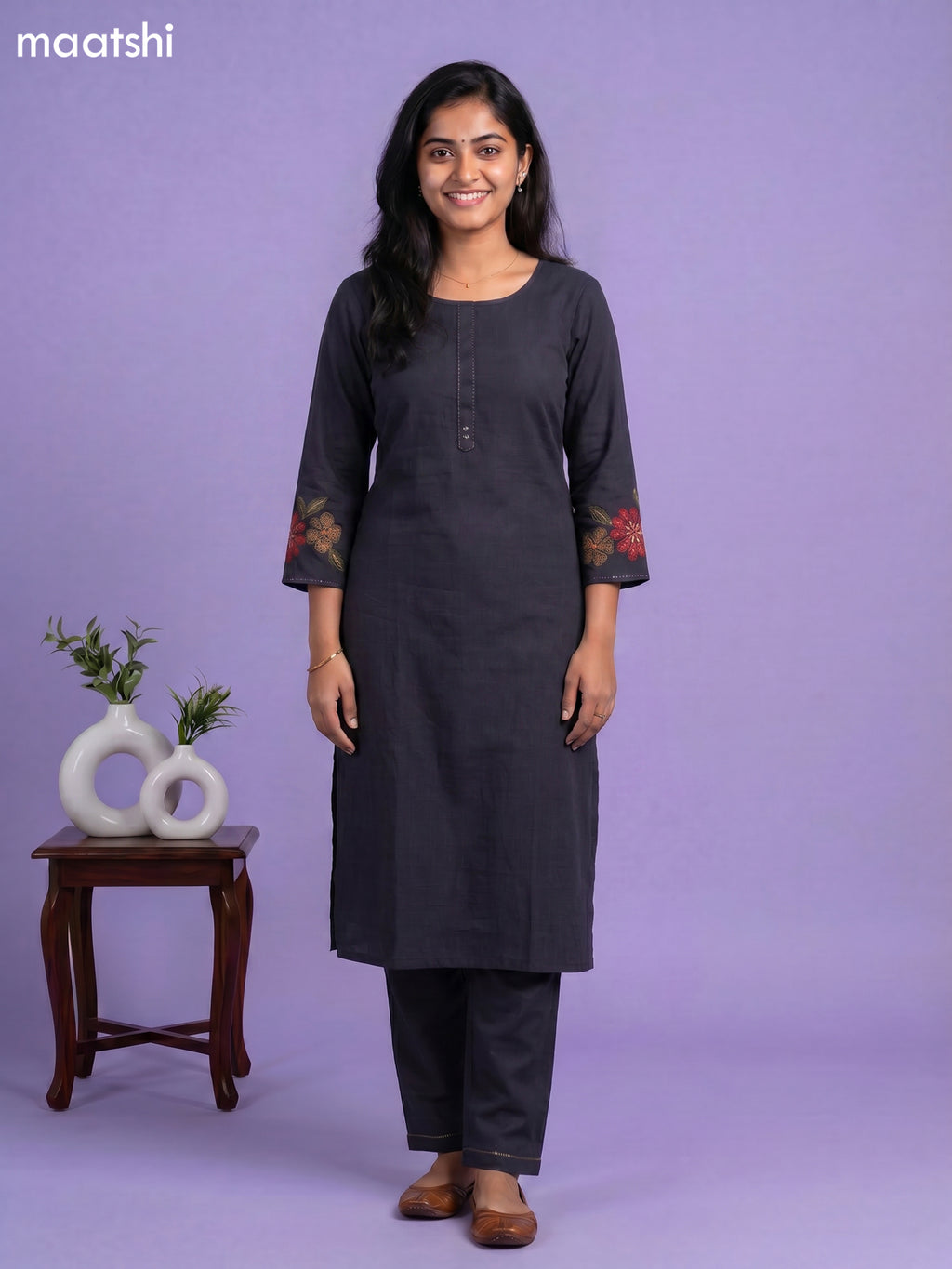 Dark Blue Art Tussar Embroidery Work Kurti Set