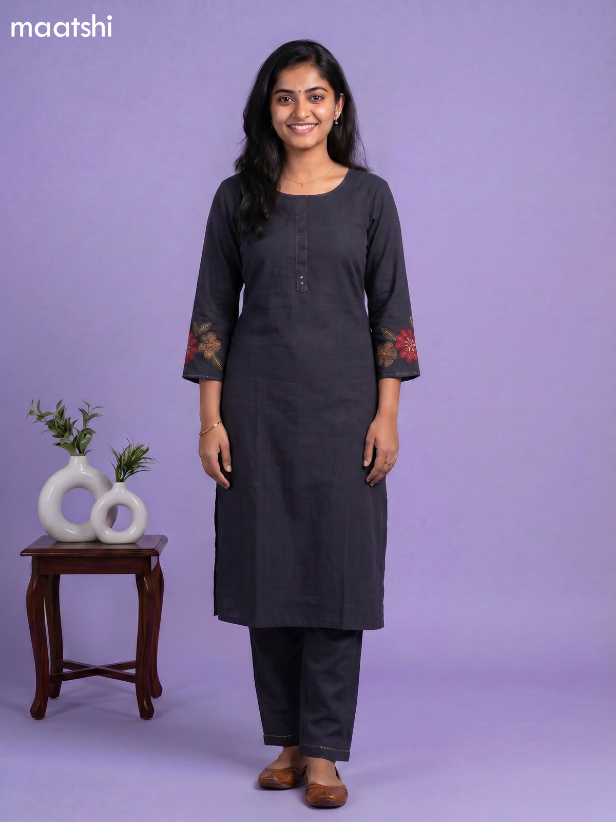 Dark Blue Art Tussar Embroidery Work Kurti Set