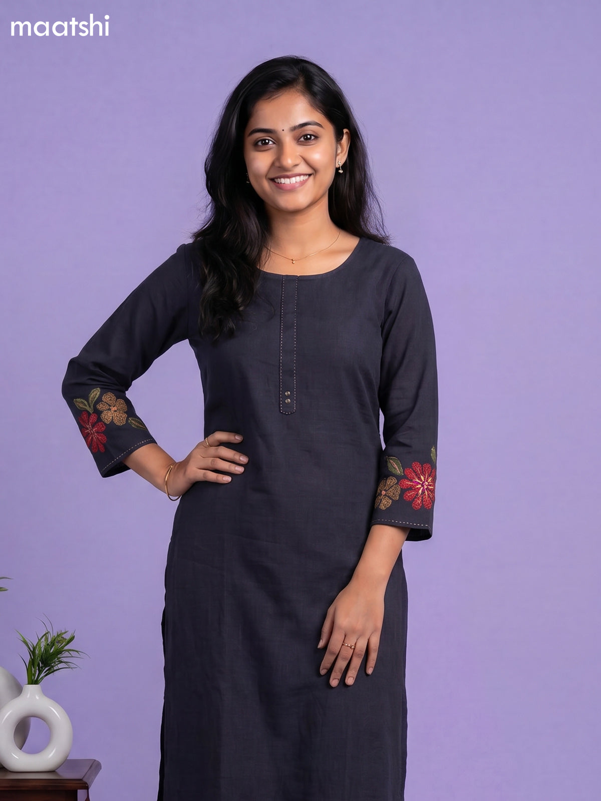 Dark Blue Art Tussar Embroidery Work Kurti Set