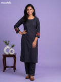 Dark Blue Art Tussar Embroidery Work Kurti Set