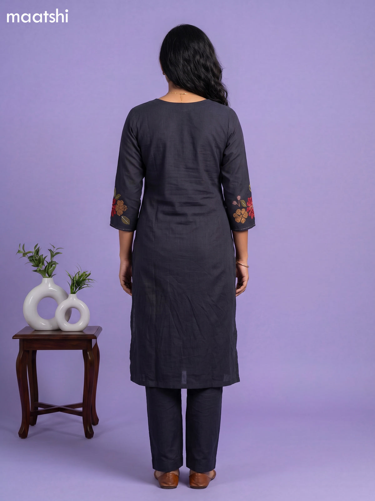 Dark Blue Art Tussar Embroidery Work Kurti Set