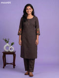 Deep Coffee Brown Simple Embroidery Work Kurti Set