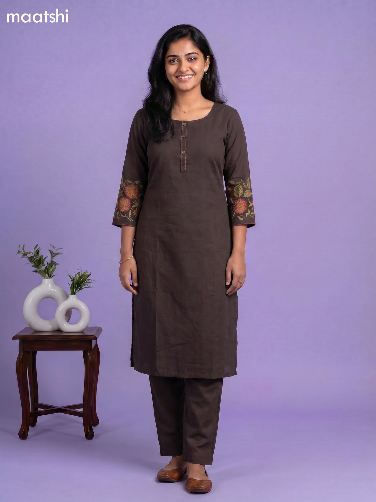 Deep Coffee Brown Simple Embroidery Work Kurti Set