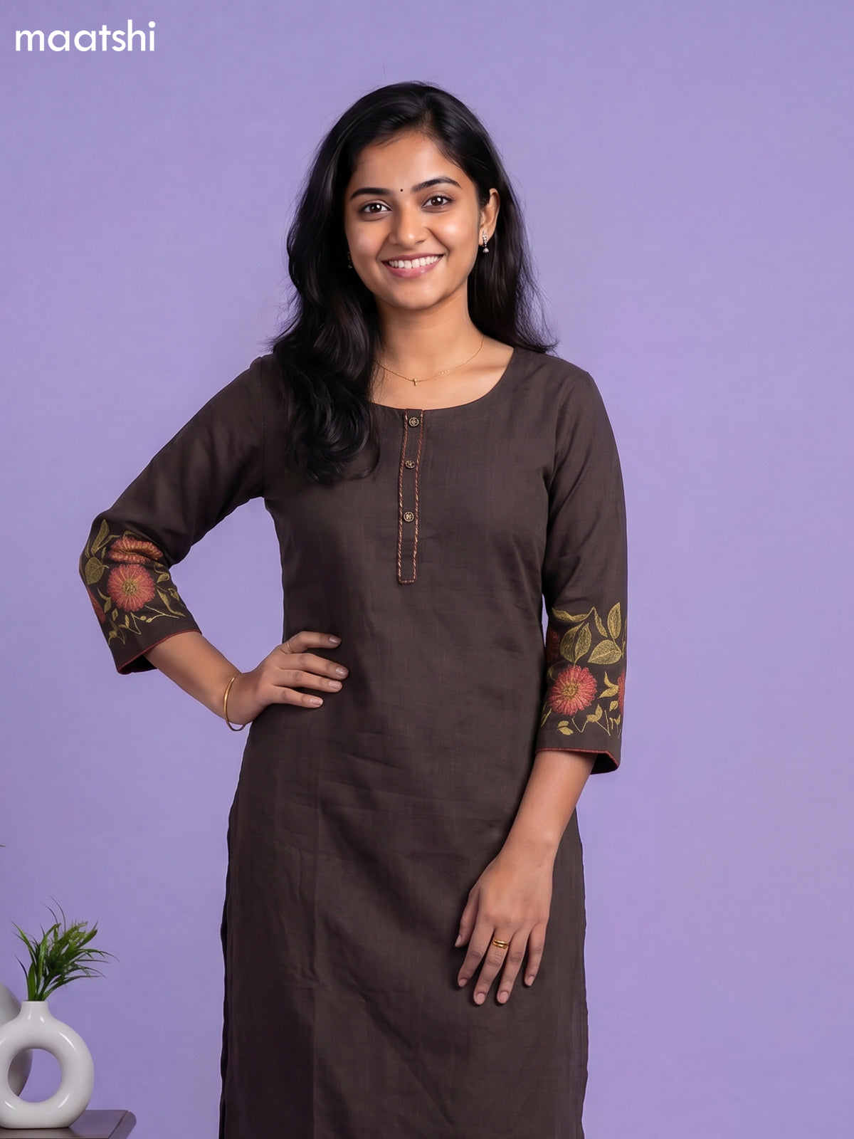 Deep Coffee Brown Simple Embroidery Work Kurti Set