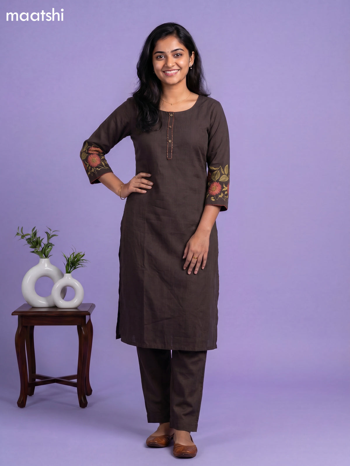 Deep Coffee Brown Simple Embroidery Work Kurti Set