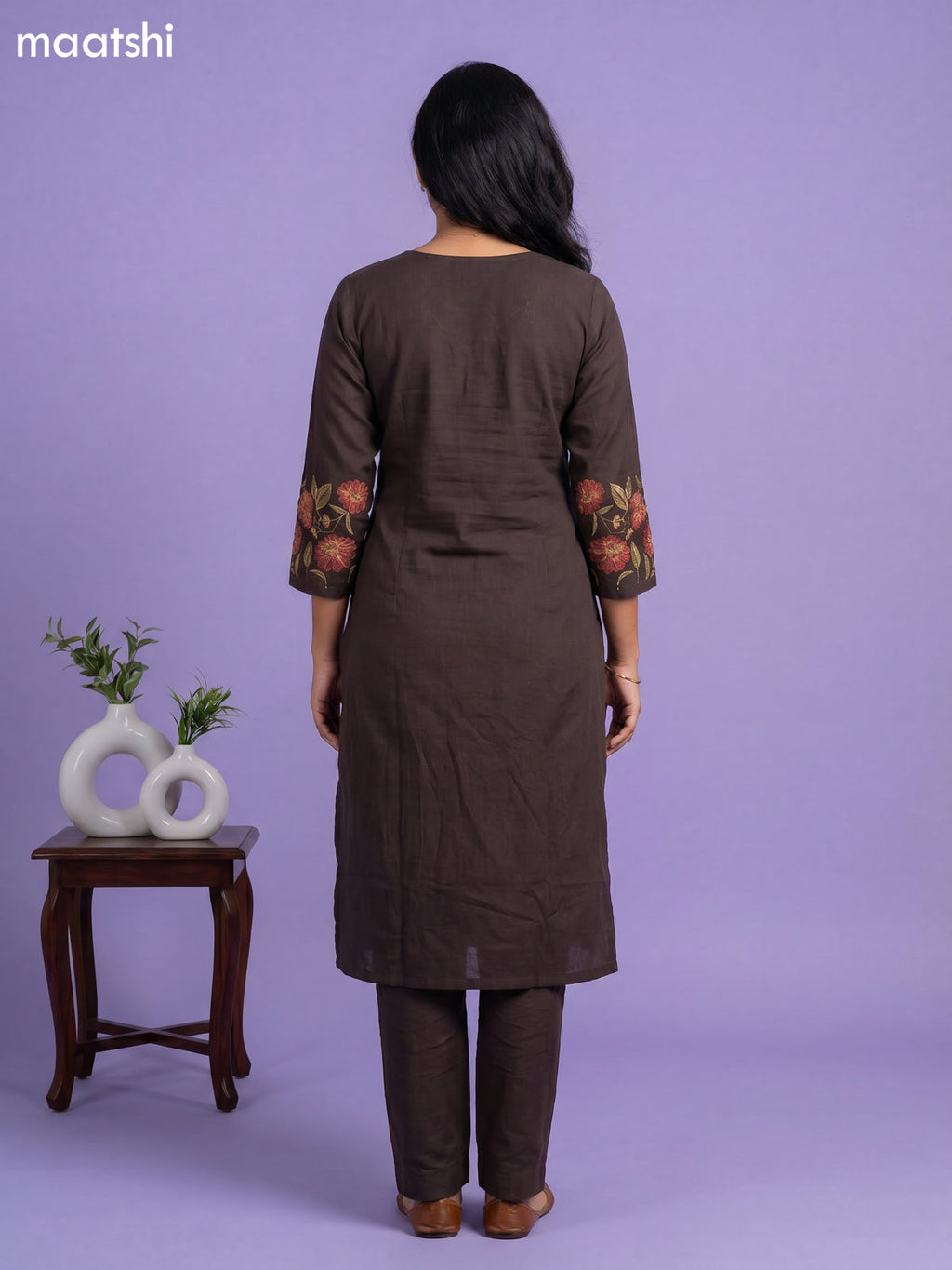 Deep Coffee Brown Simple Embroidery Work Kurti Set