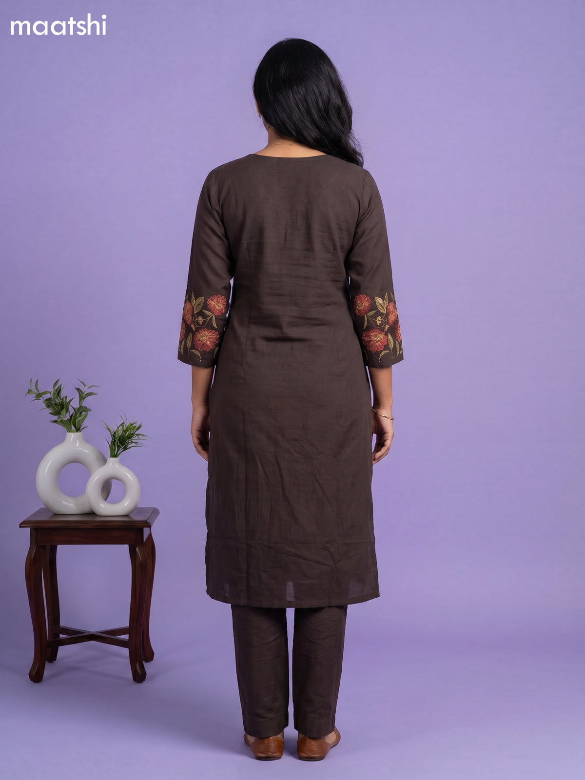 Deep Coffee Brown Simple Embroidery Work Kurti Set