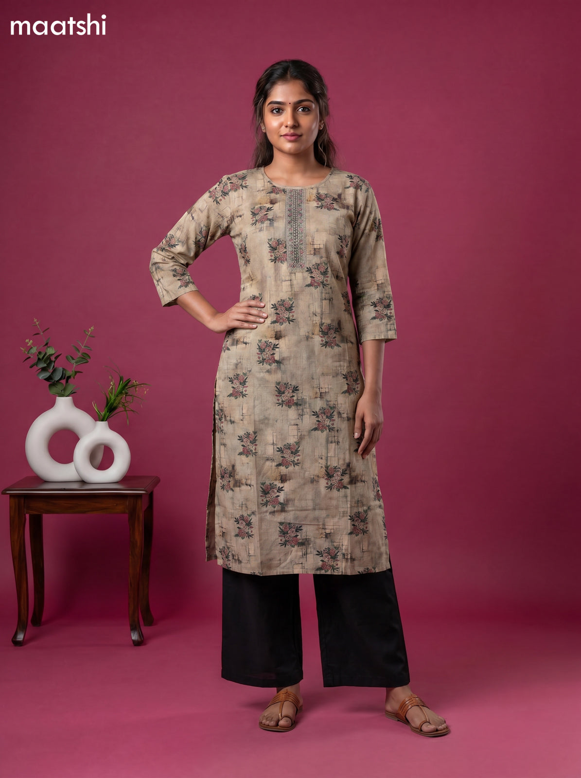 Dark Beige Cotton Floral Printed & Simple Embroidery Straight Kurti