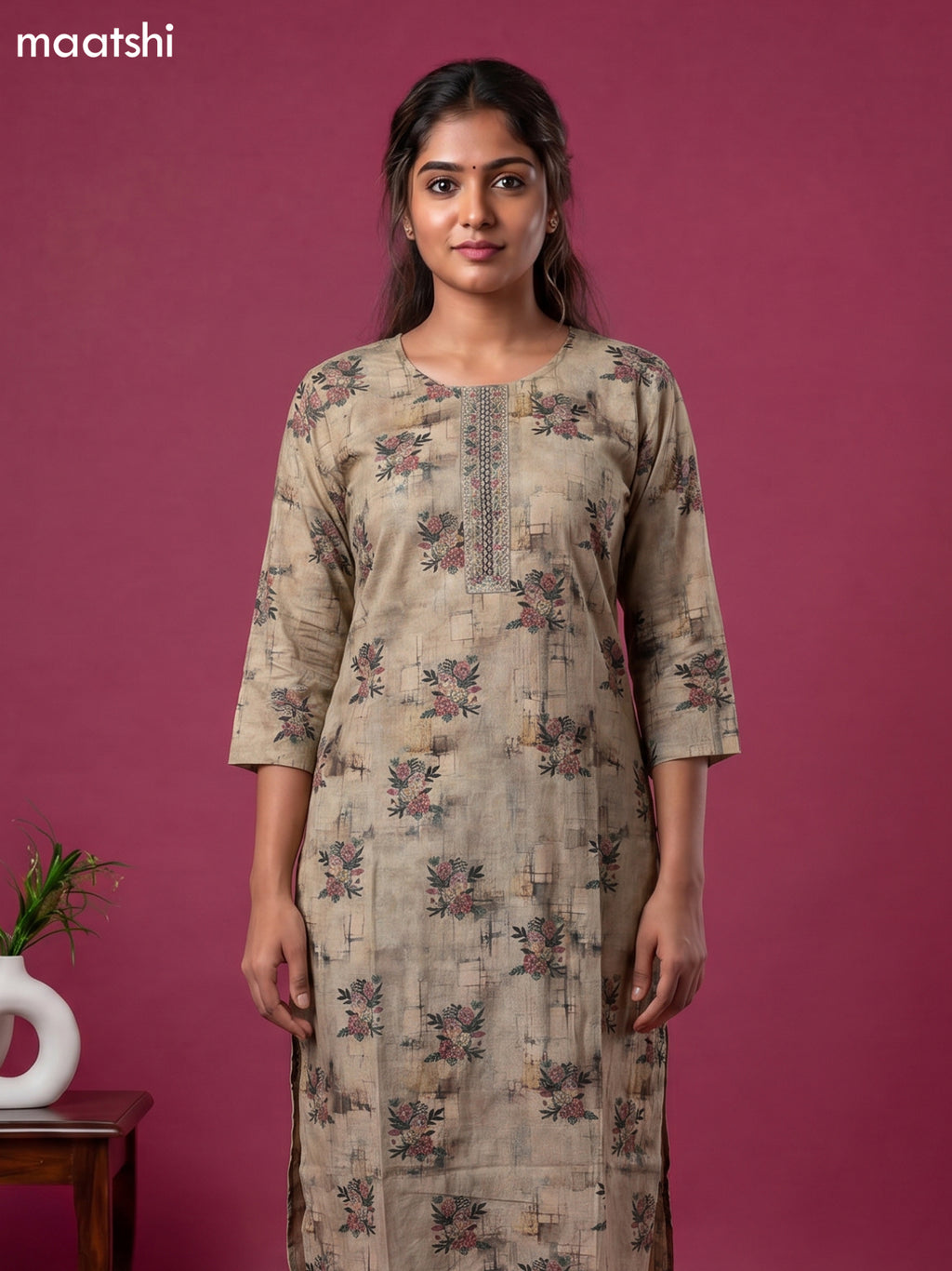 Dark Beige Cotton Floral Printed & Simple Embroidery Straight Kurti