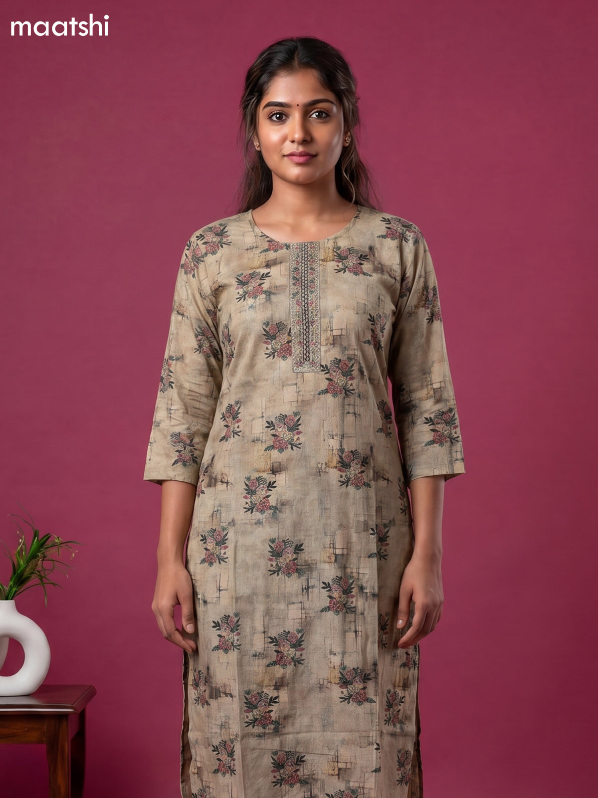 Dark Beige Cotton Floral Printed & Simple Embroidery Straight Kurti