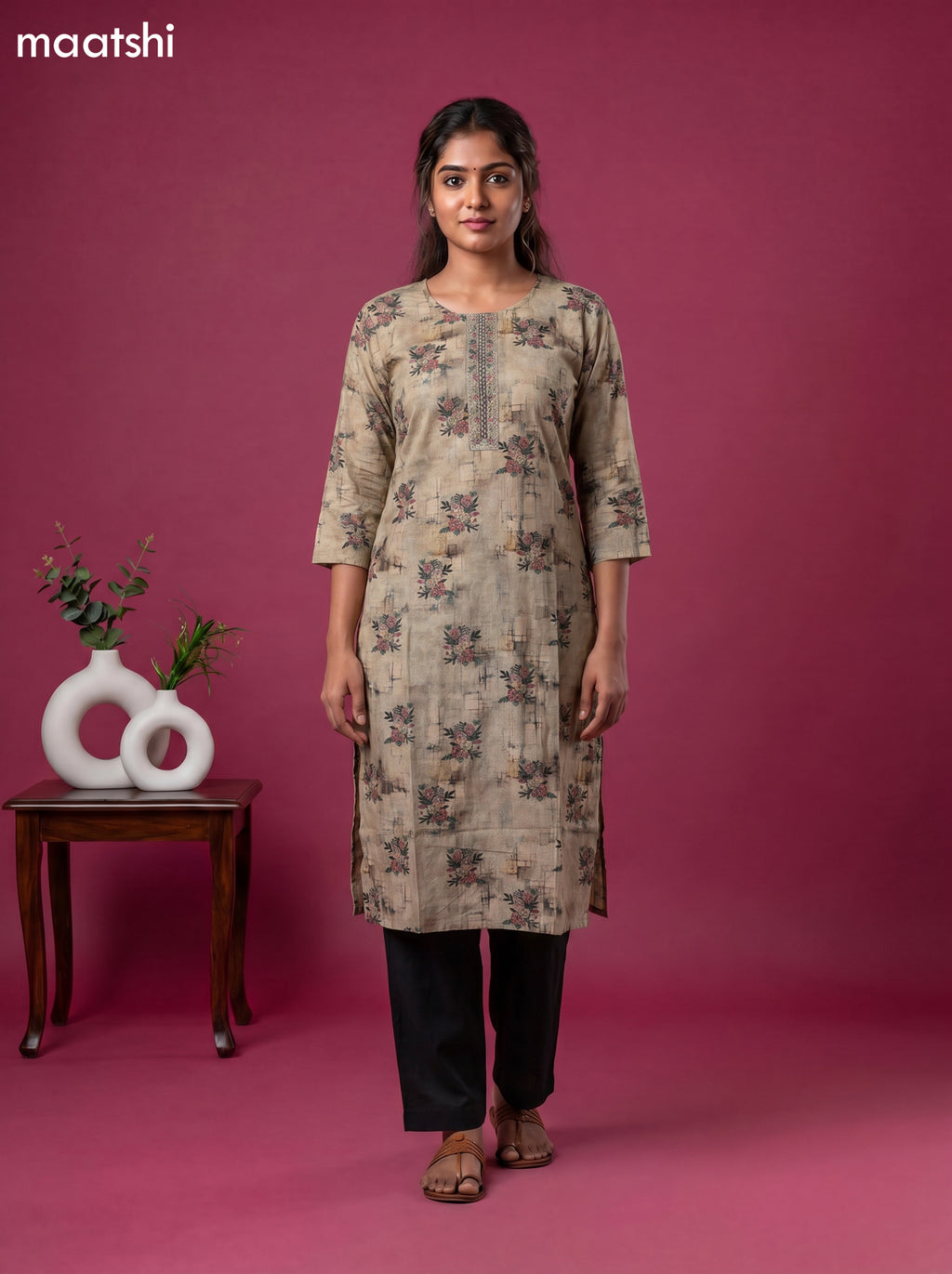 Dark Beige Cotton Floral Printed & Simple Embroidery Straight Kurti