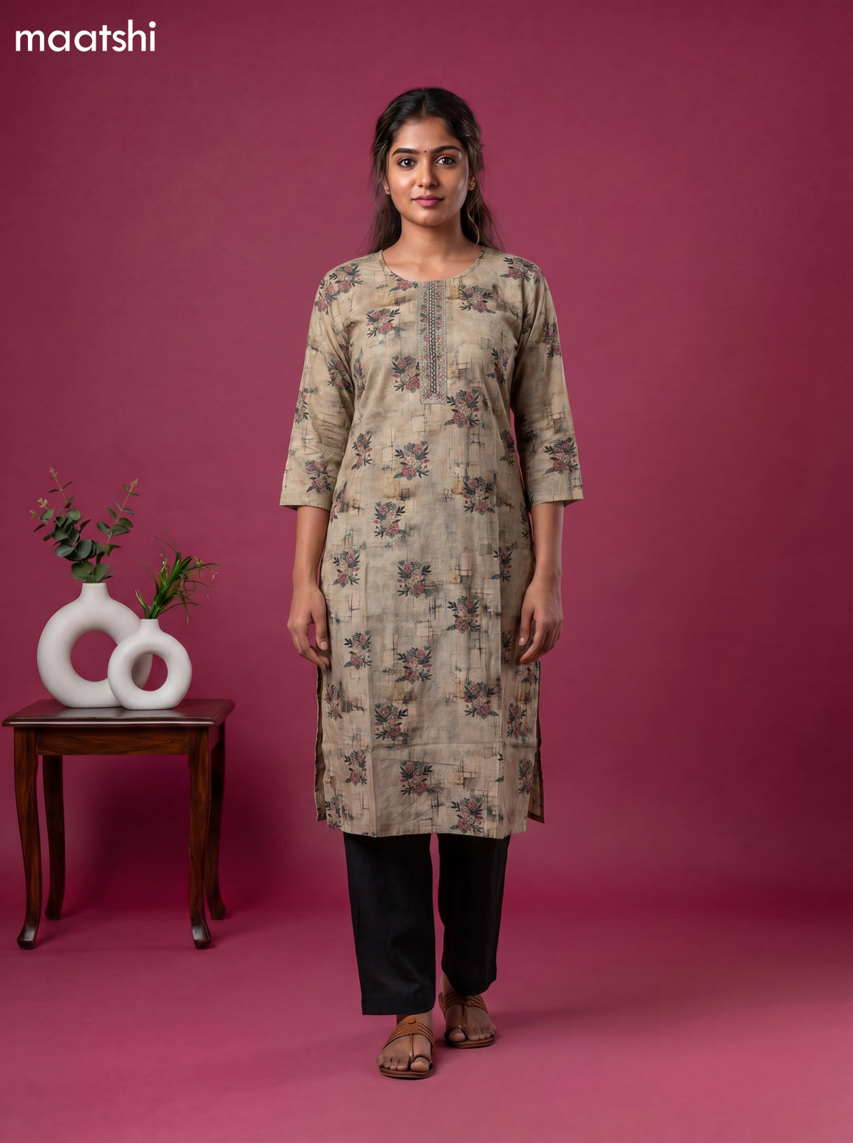 Dark Beige Cotton Floral Printed & Simple Embroidery Straight Kurti