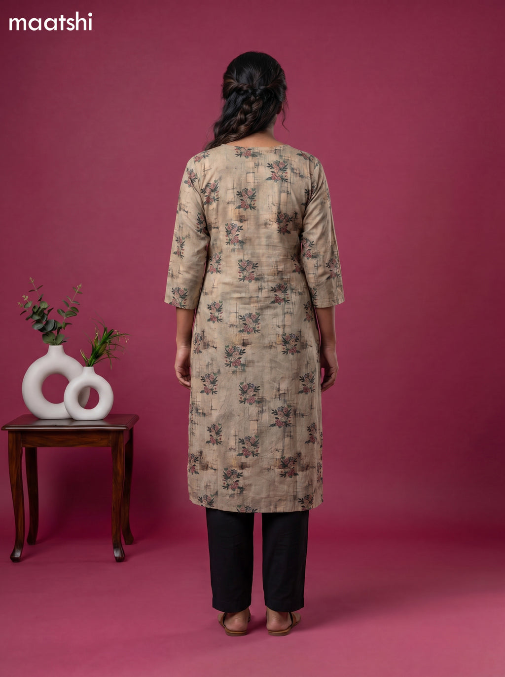 Dark Beige Cotton Floral Printed & Simple Embroidery Straight Kurti
