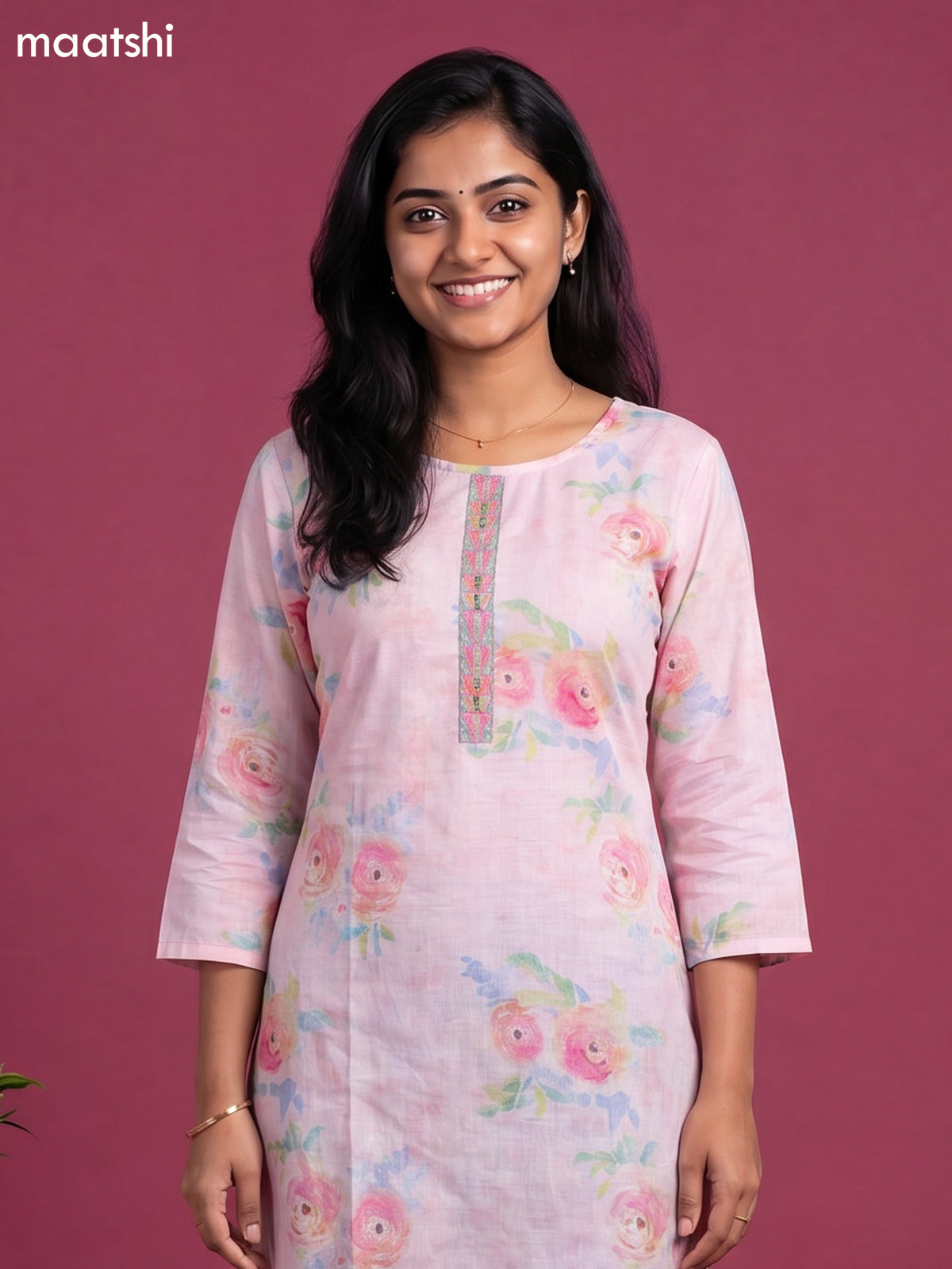 Baby Pink Cotton Floral Printed & Simple Embroidery Straight Kurti