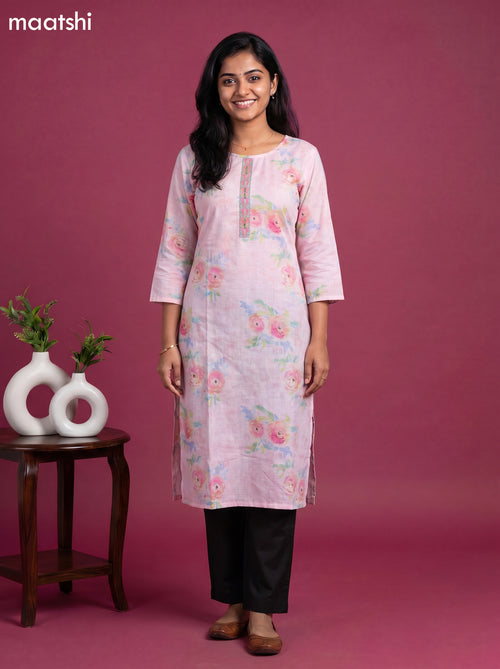 Baby Pink Cotton Floral Printed & Simple Embroidery Straight Kurti