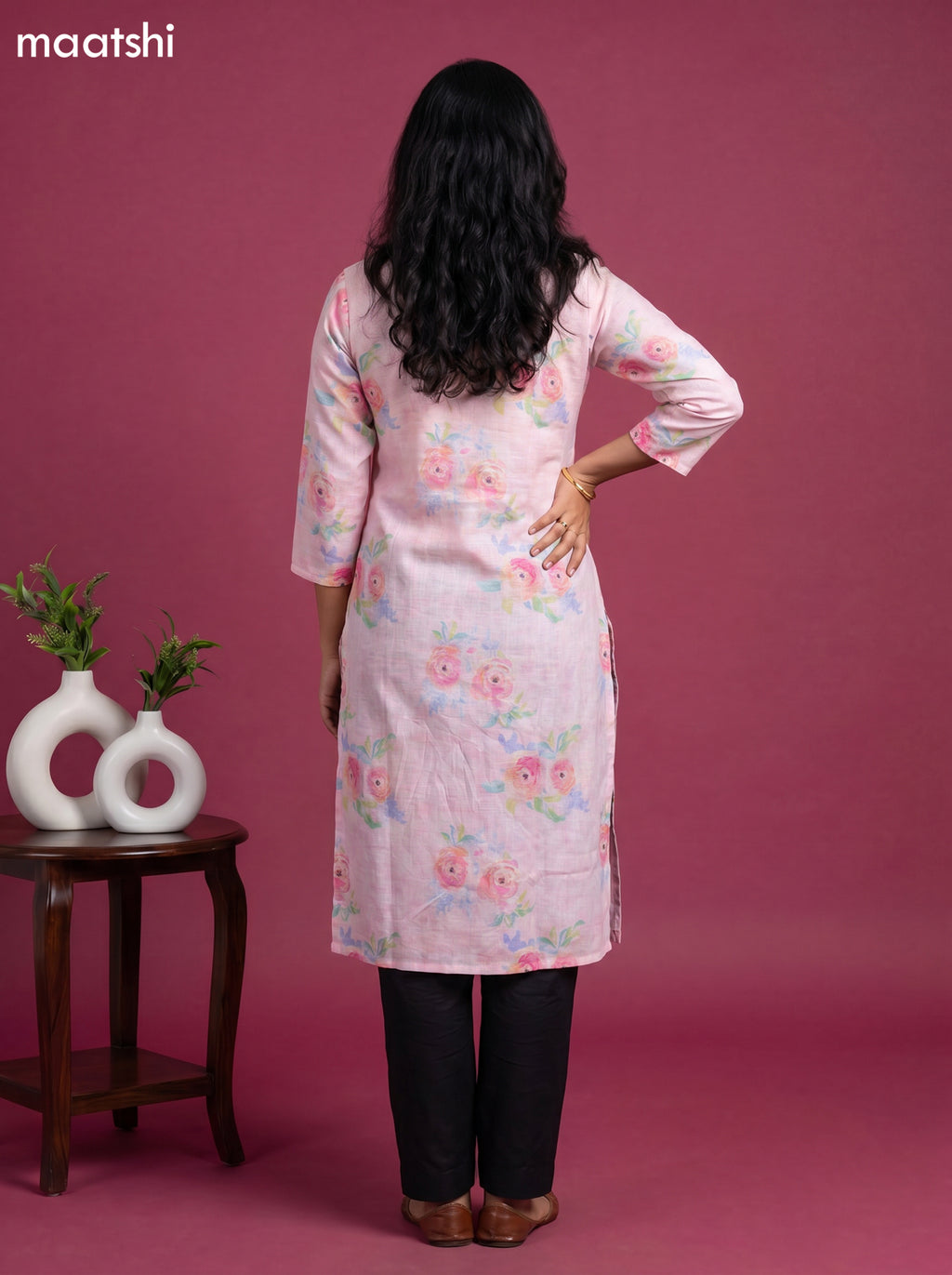 Baby Pink Cotton Floral Printed & Simple Embroidery Straight Kurti