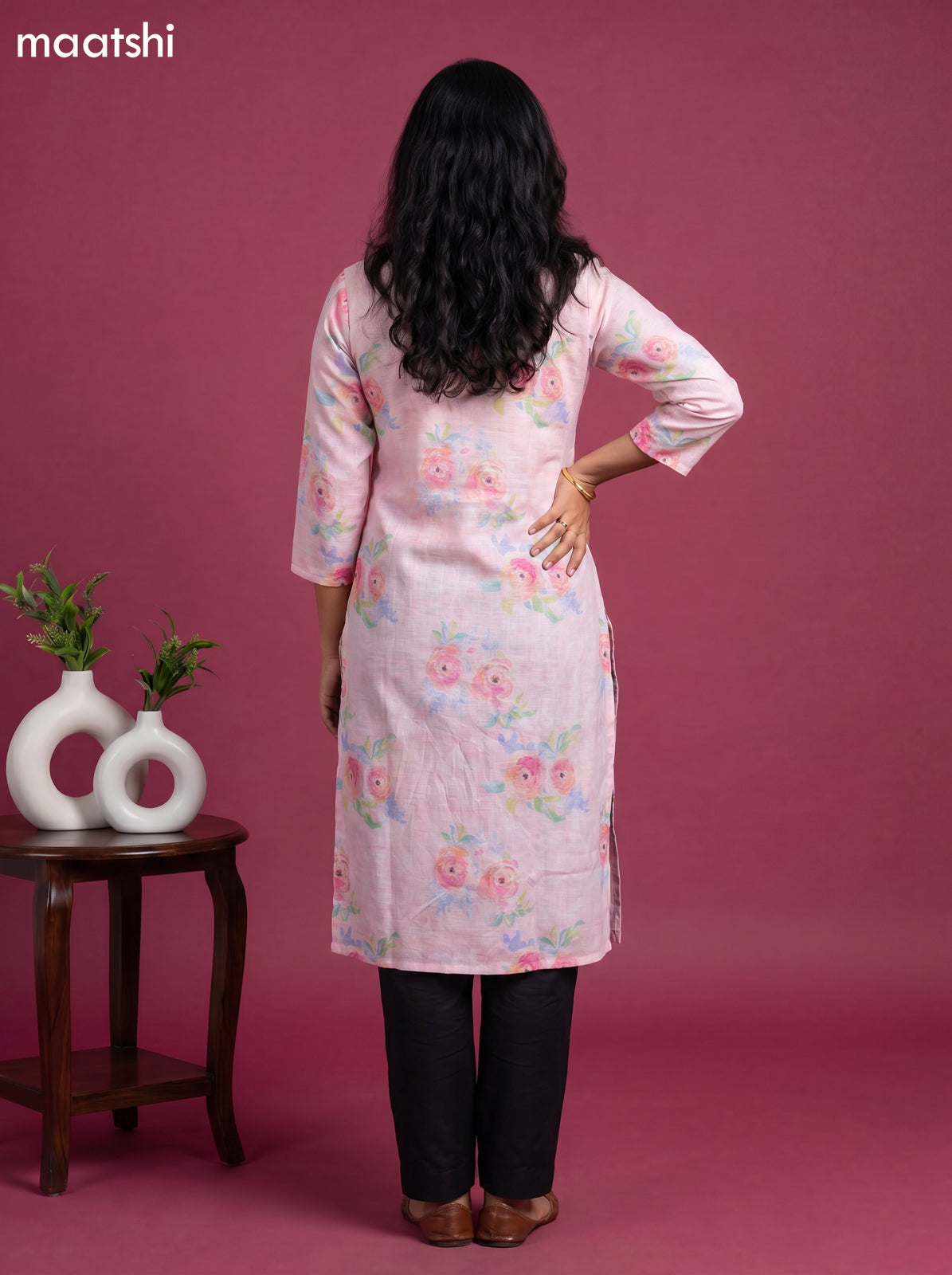 Baby Pink Cotton Floral Printed & Simple Embroidery Straight Kurti