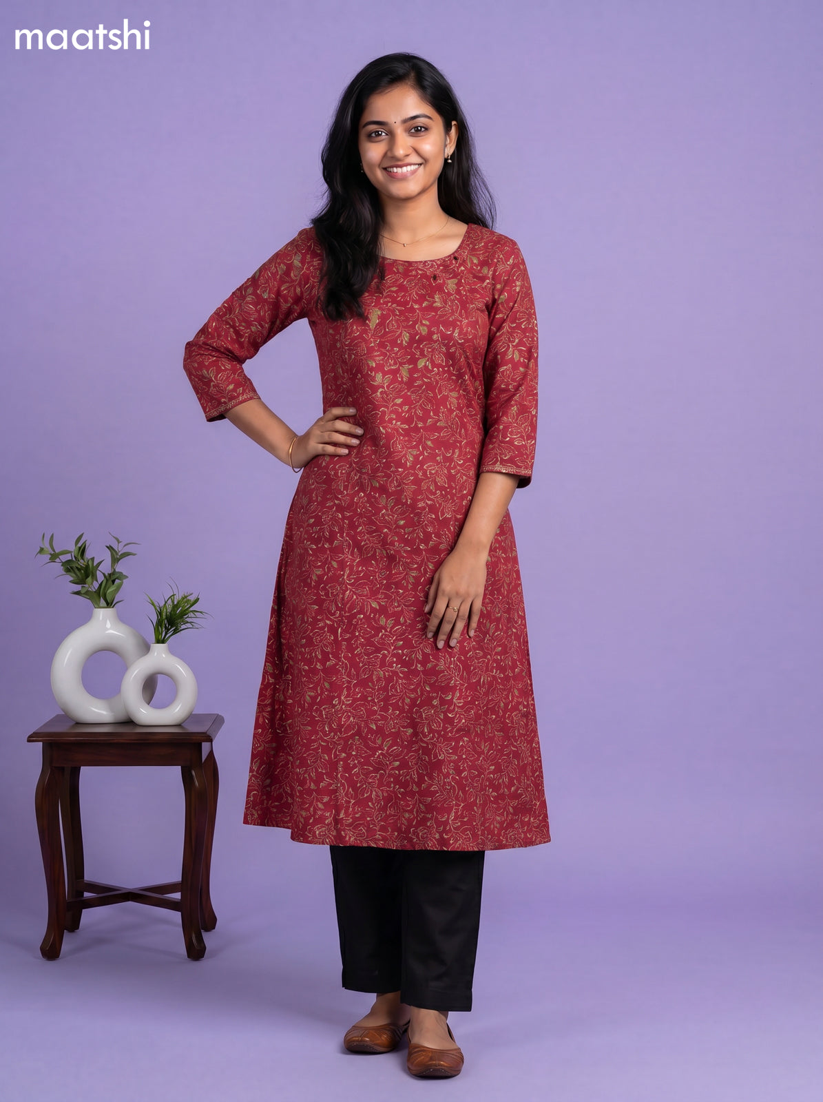 Maroon Modal Printed & Embroidery Work A-Line Kurti