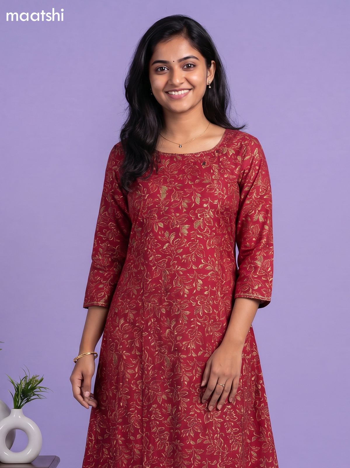 Maroon Modal Printed & Embroidery Work A-Line Kurti