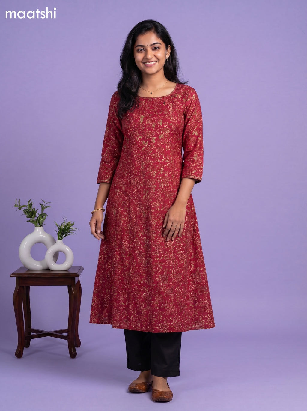 Maroon Modal Printed & Embroidery Work A-Line Kurti