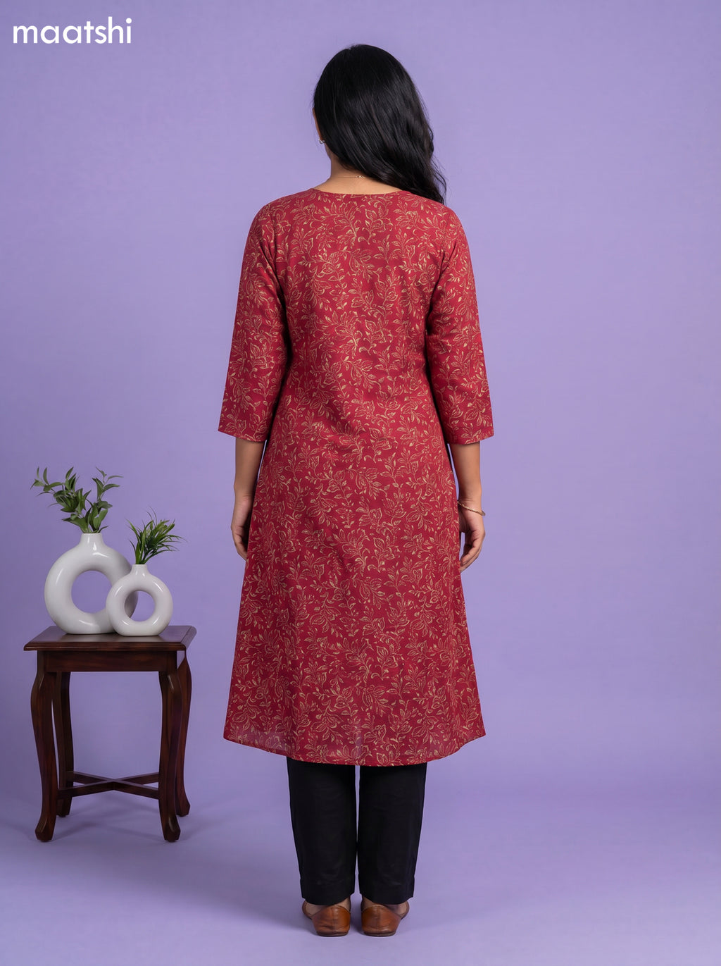 Maroon Modal Printed & Embroidery Work A-Line Kurti