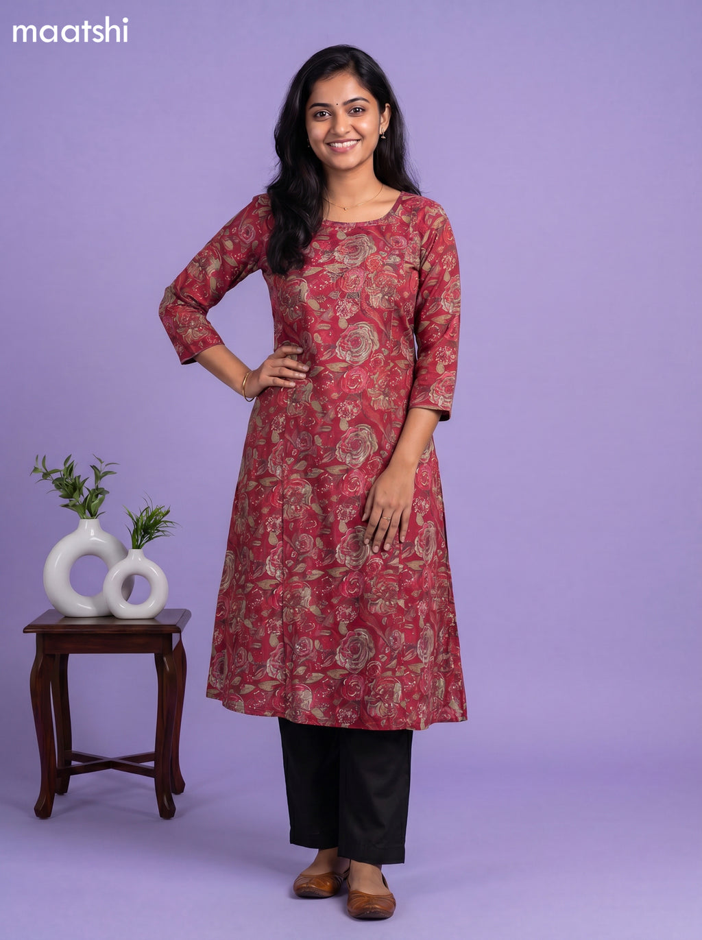 Maroon Modal Printed & Embroidery Work A-Line Kurti