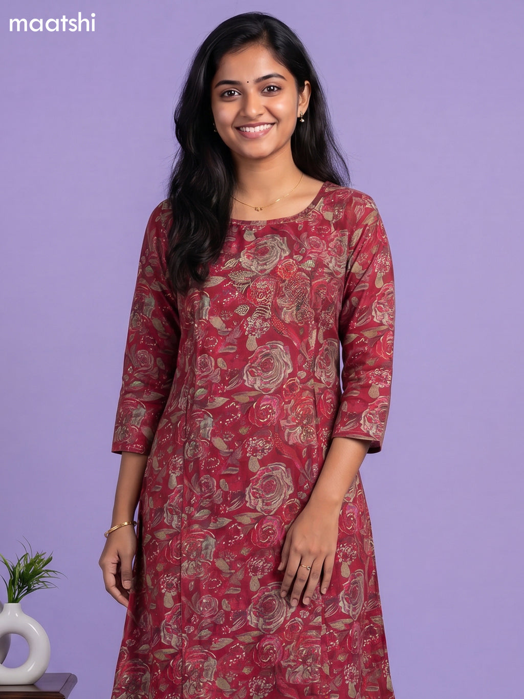 Maroon Modal Printed & Embroidery Work A-Line Kurti