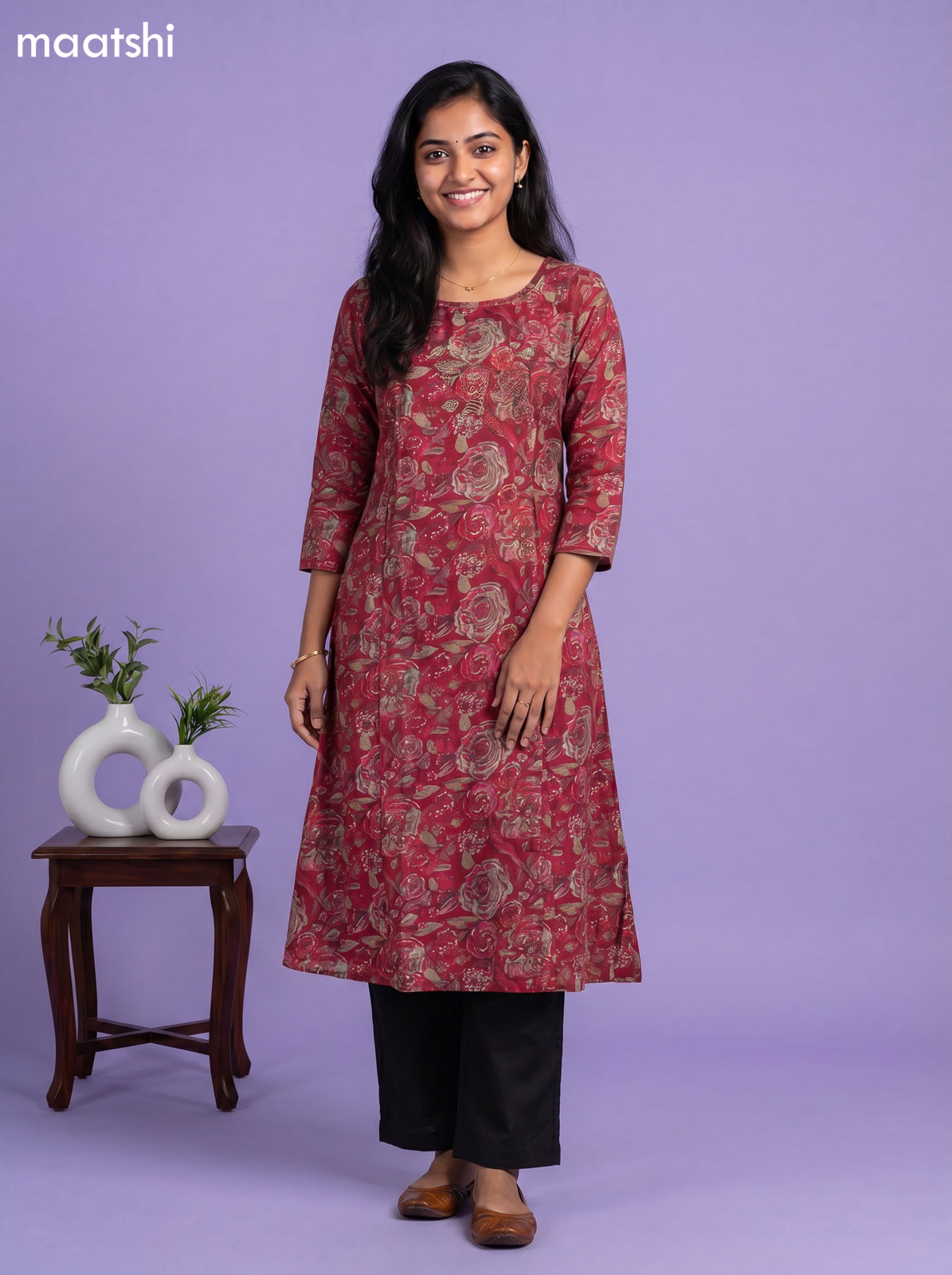Maroon Modal Printed & Embroidery Work A-Line Kurti