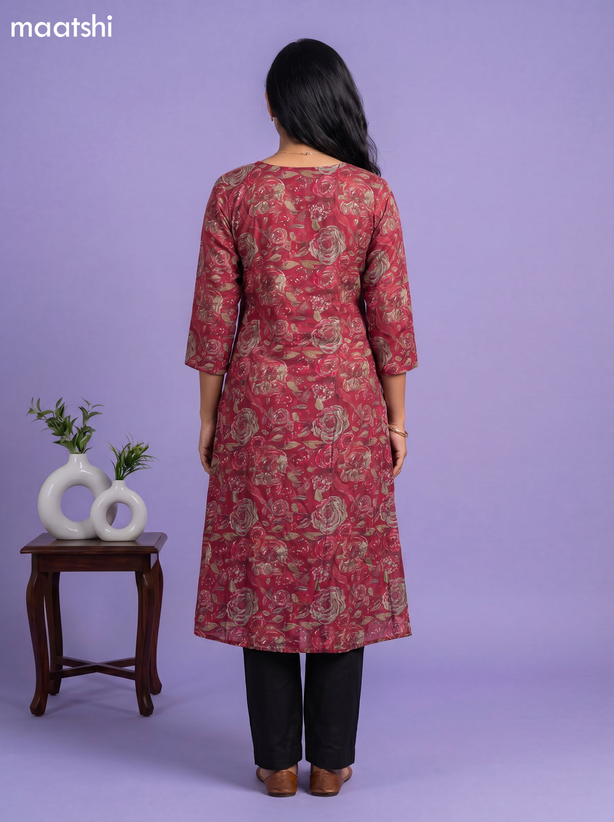 Maroon Modal Printed & Embroidery Work A-Line Kurti