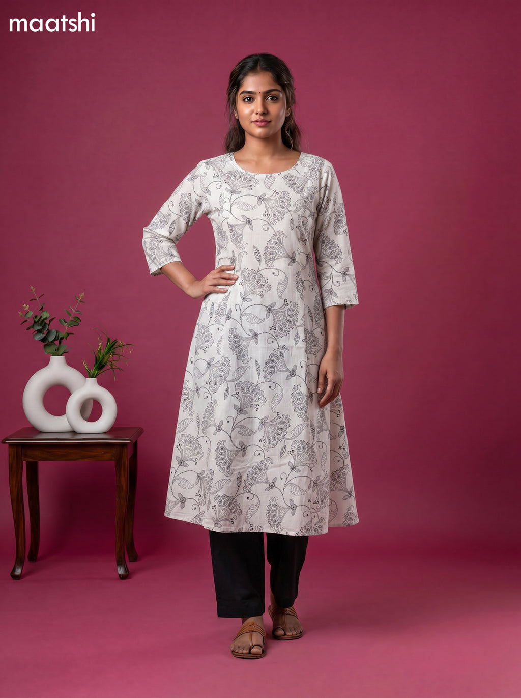 White Art Silk Kalamkari Printed A-Line Kurti