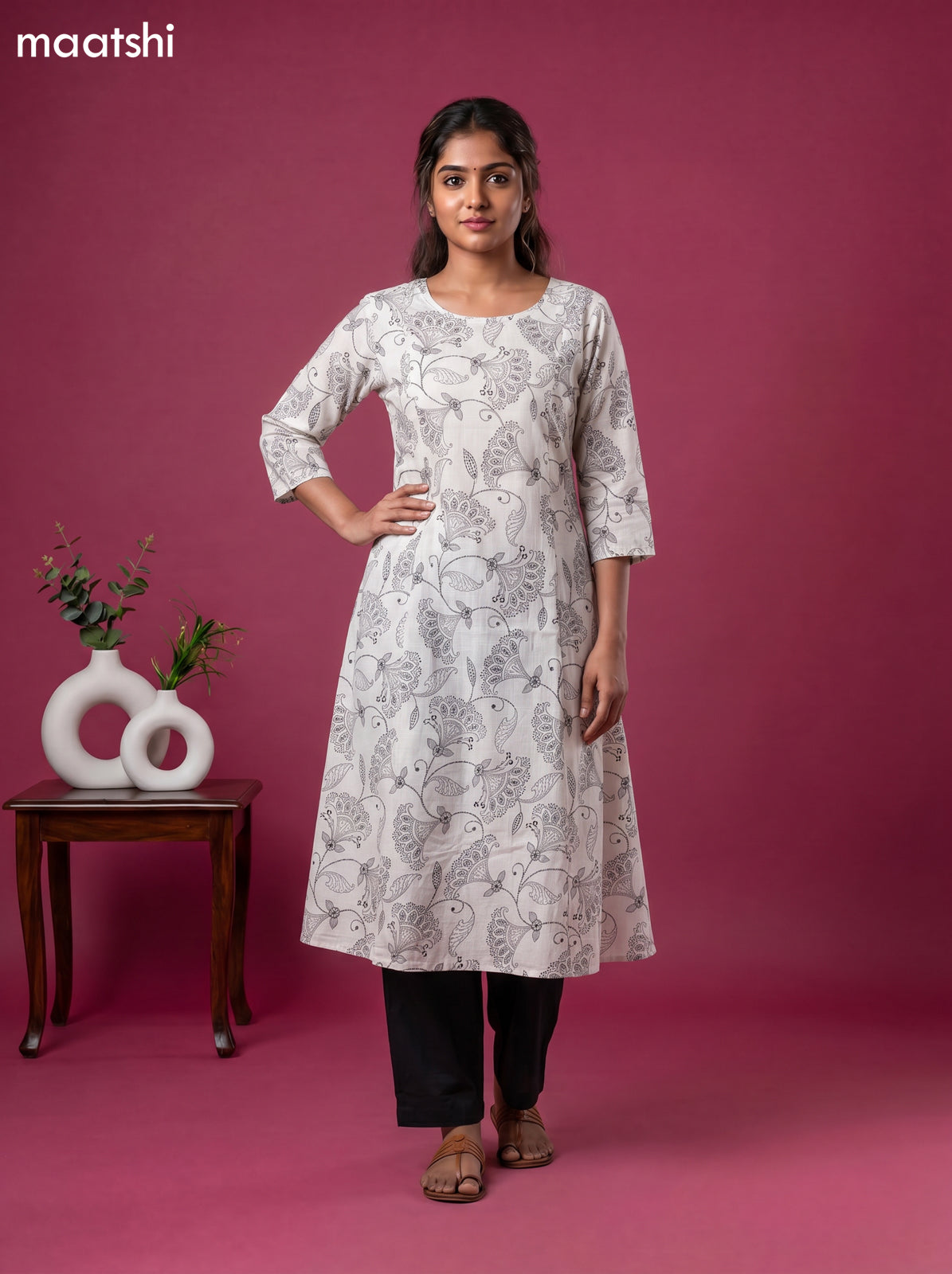 White Art Silk Kalamkari Printed A-Line Kurti