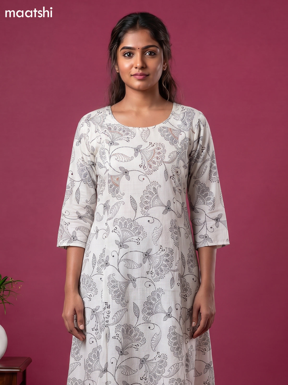 White Art Silk Kalamkari Printed A-Line Kurti