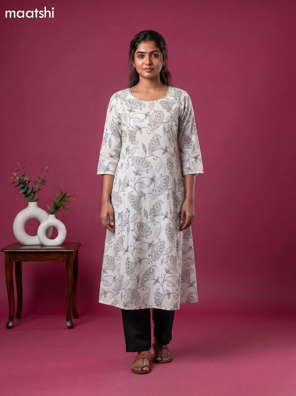 White Art Silk Kalamkari Printed A-Line Kurti