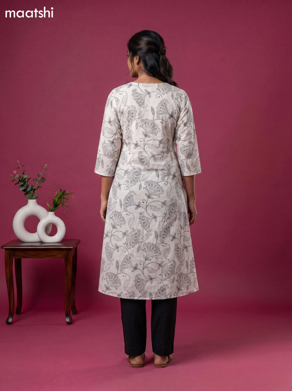 White Art Silk Kalamkari Printed A-Line Kurti