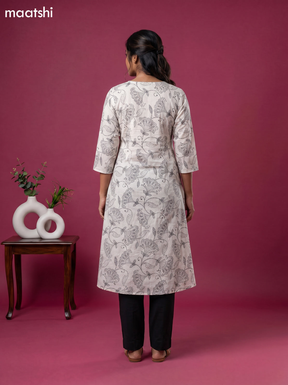 White Art Silk Kalamkari Printed A-Line Kurti