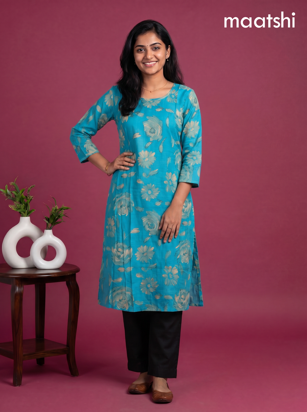 Light Blue Modal Printed & Embroidery Work A-Line Kurti